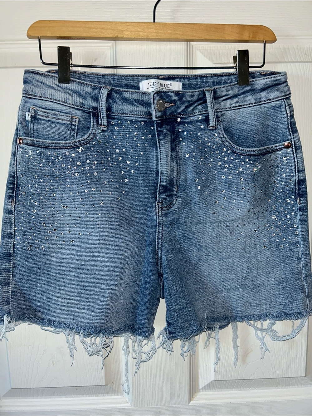 Judy Blue Rhinestone Elle Jean Shorts‎ Sz Large High Rise Cutoff Distressed - Picture 4 of 14